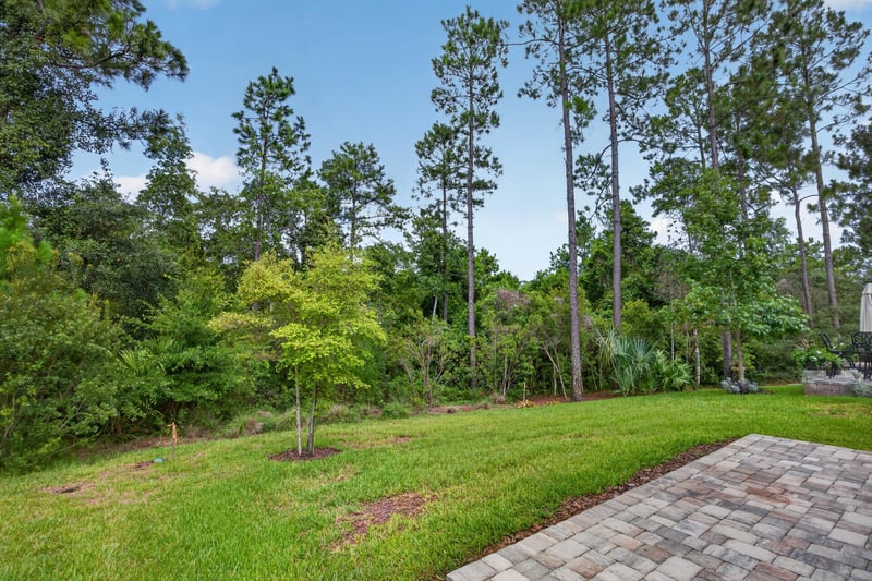 Backyard view with paver patio and tree line at 171 Oyster Shell Ter, Nocatee, FL 32081