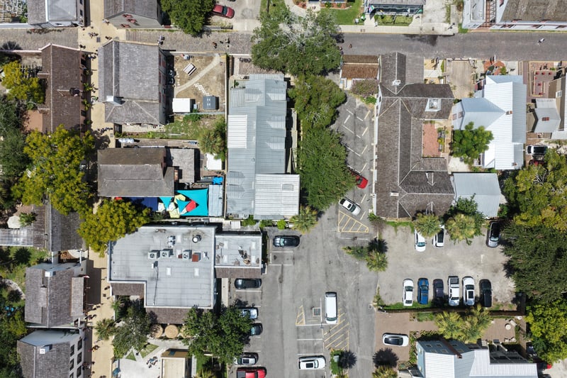Aerial view of the property's rooftop and small pool within the historic district at 29 Cuna St, St. Augustine, FL 32084