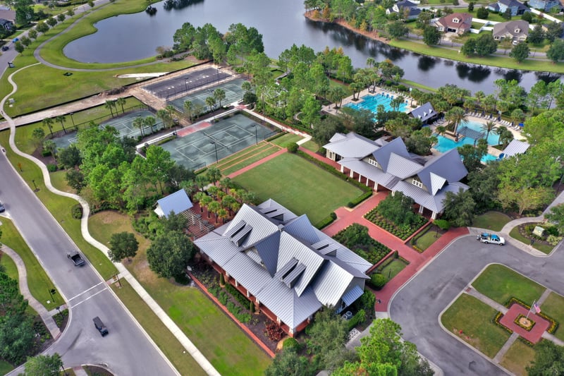 Aerial view of tennis courts and pools in St. Johns, FL