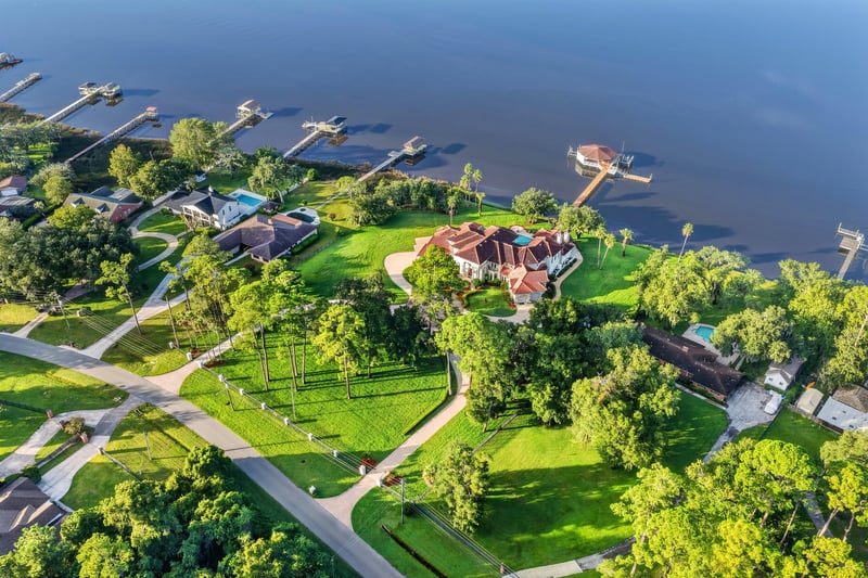 Aerial view of the home and winding path at 344 Broward Rd, Jacksonville, FL