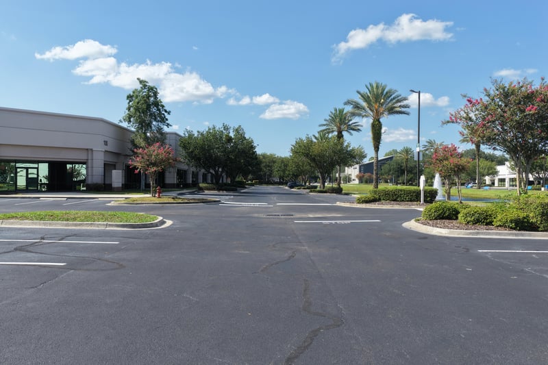 Palm-lined street through the office park at 10550 Deerwood Park Blvd, Jacksonville, FL 32256
