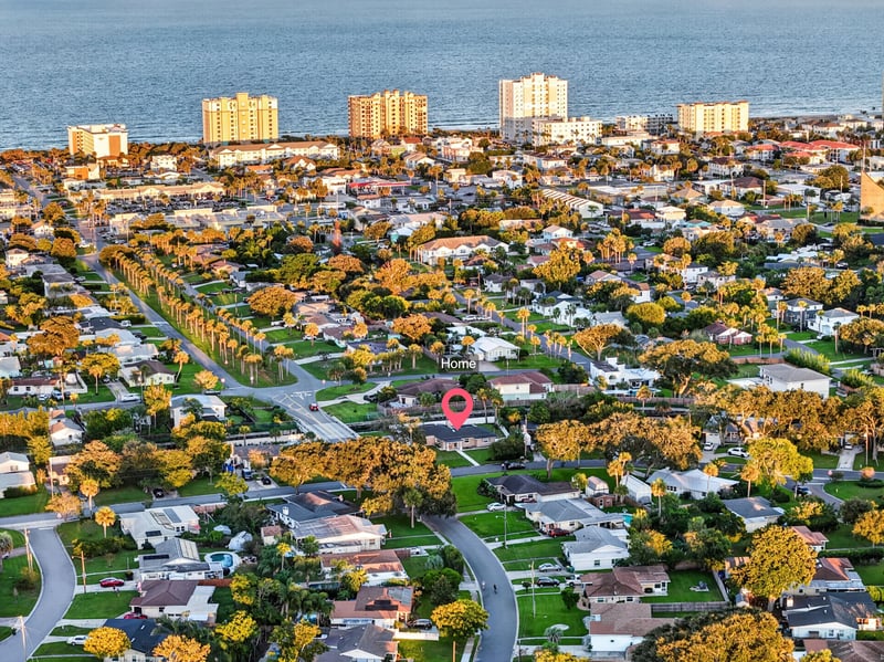 Aerial view of the neighborhood toward the ocean in Jacksonville Beach, FL