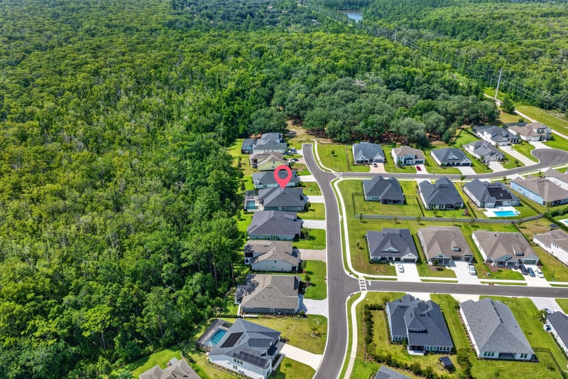 Aerial view of the street and tree-lined lots in Whisper Creek
