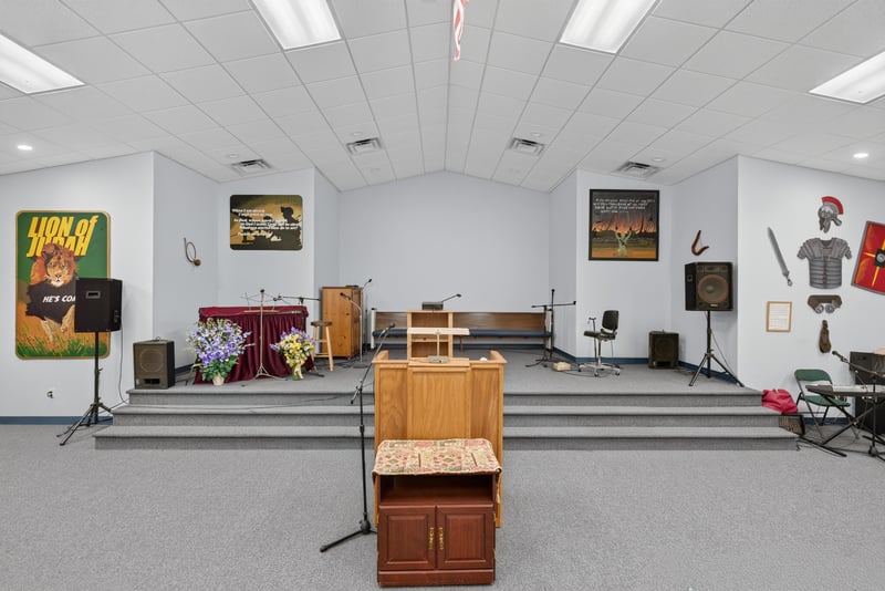 Stage area with podium and sound equipment at 1038 County Rd 315, Melrose