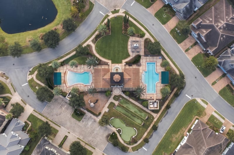 Aerial view of community amenity center, photographed by Megapixeler on Lucena Ln, Jacksonville, FL