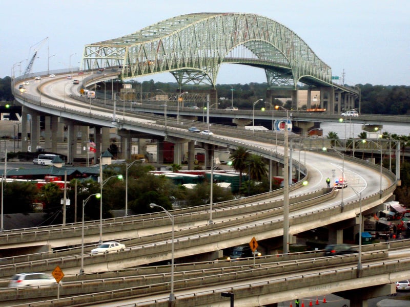 Aerial view of a curved highway bridge in Jacksonville