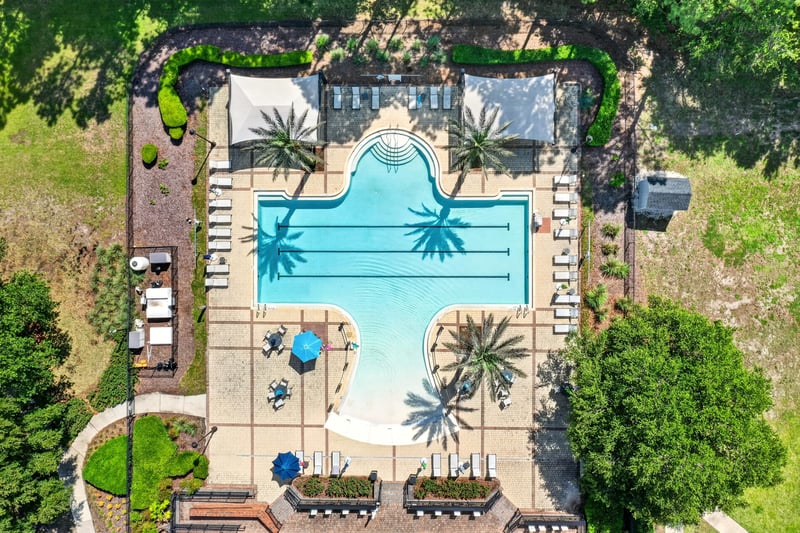 Drone view of the community pool and sundeck in Fernandina Beach, FL