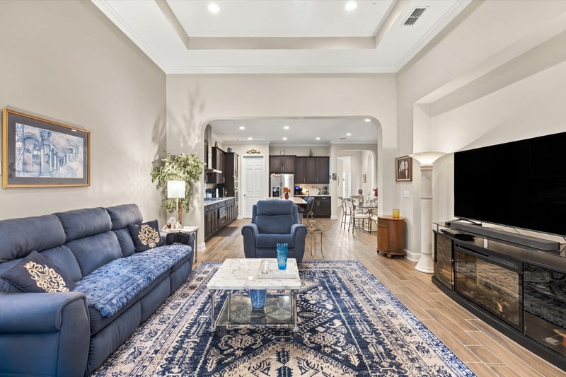 Living room with built-in media wall, photographed by Megapixeler on Lucena Ln, Jacksonville, FL