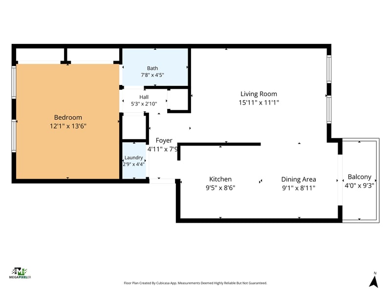 Floor plan of the 748-square-foot one-bedroom condo at 1800 Park Ave apt 358, Orange Park, FL