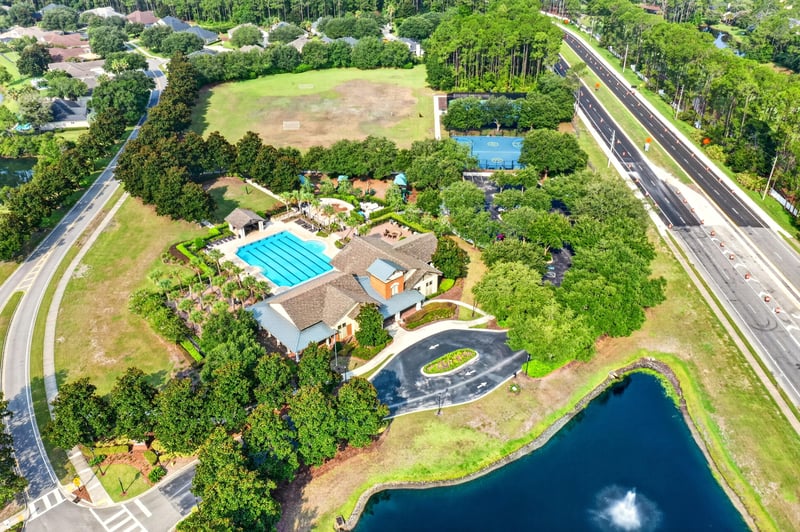 Aerial of community amenities and pond in South Hampton