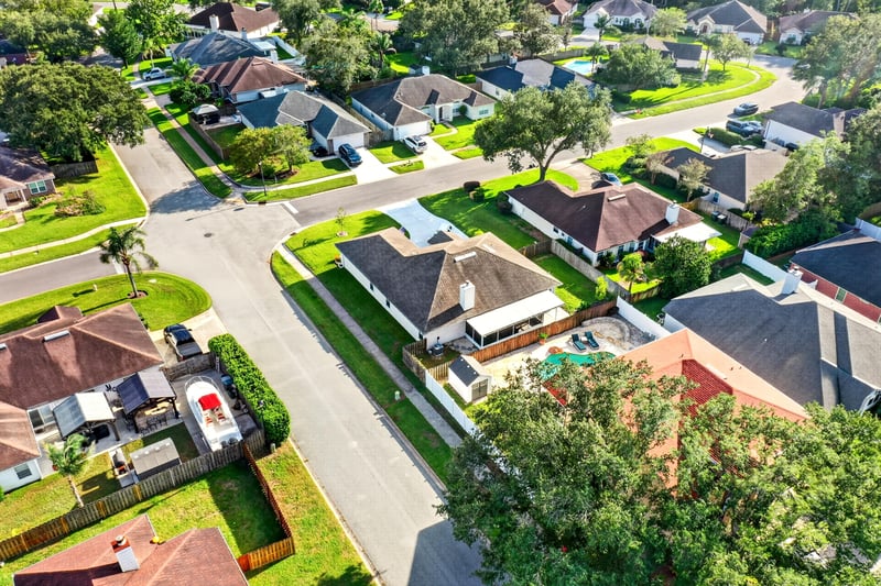 Aerial view of the home and surrounding neighborhood at 12825 Kelsey Island Dr, Jacksonville, FL 32224