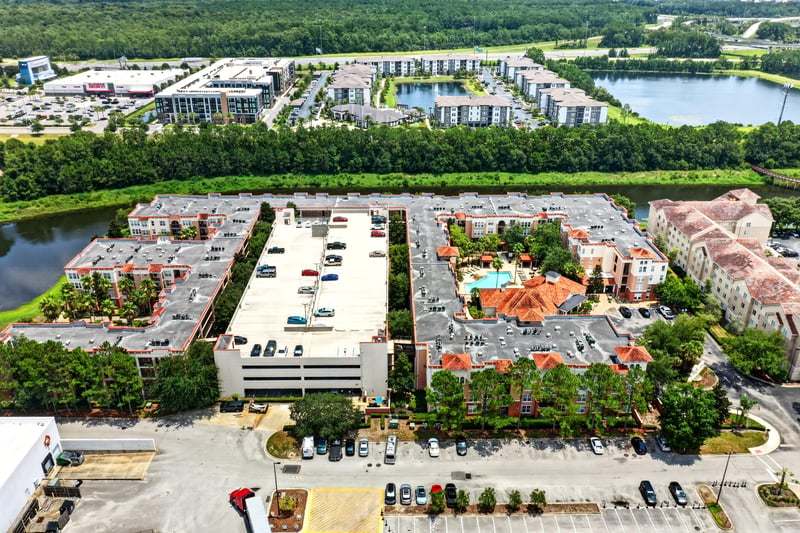 Aerial view of the buildings and parking areas in Jacksonville, FL