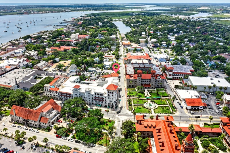 Aerial view of downtown rooftops and streets in St. Augustine, FL
