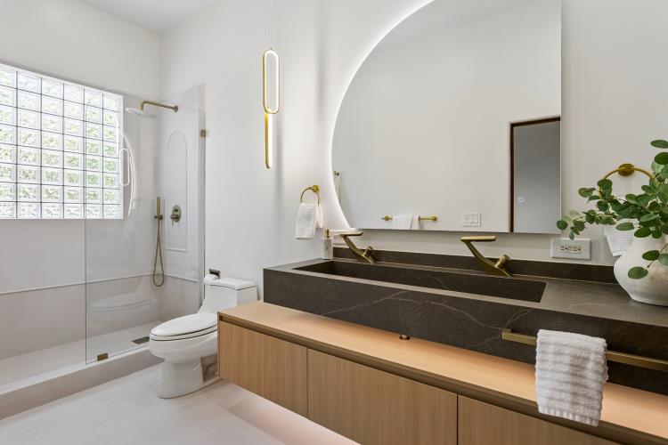 Microcement bath with glass-block shower and trough basin, Paradise Valley