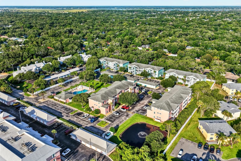 Aerial view of tree-lined neighborhood rooftops in St. Augustine, FL