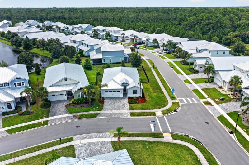Drone view of the homes along Tilloo Ct in Beachwalk, St. Johns, FL
