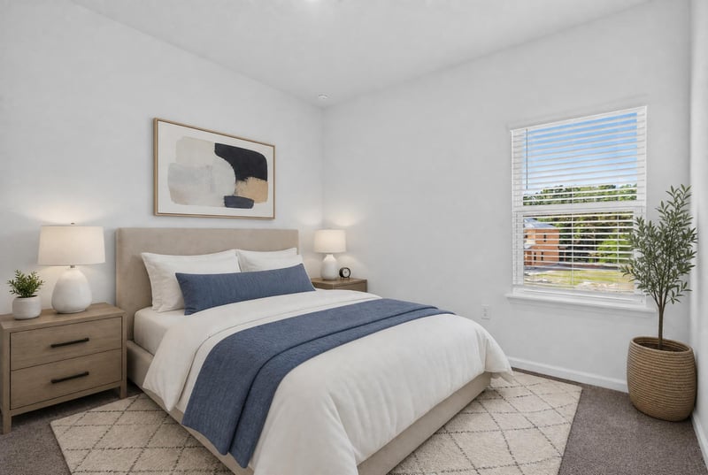 Virtually staged bedroom with bed and window at 269 Bluegrass Wy, St. Augustine, FL 32092