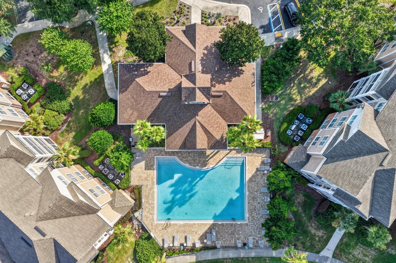Closer aerial view of the community pool in Campfield