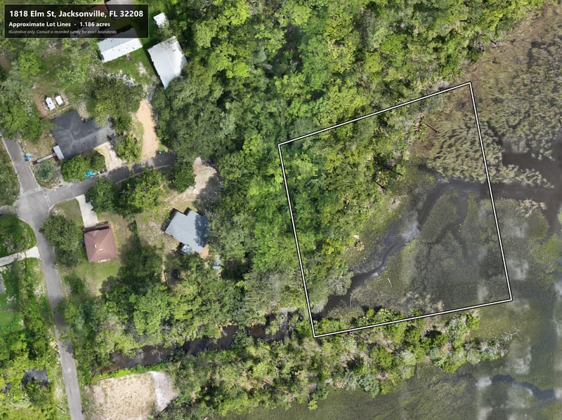 Aerial view of wooded parcel with boundary outline at 1818 Elm St, Jacksonville, FL 32208