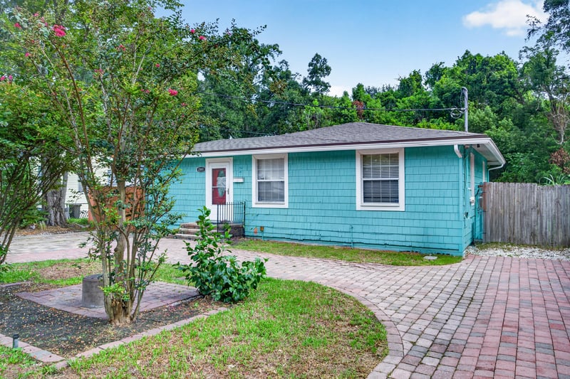Front yard with crepe myrtle trees and brick walkway at 2841 Ernest St, Jacksonville, FL 32205