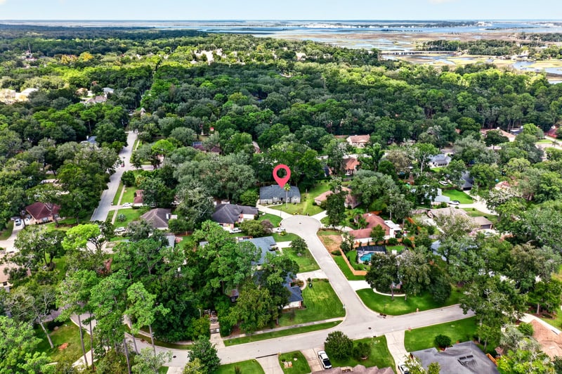Aerial view of the cul-de-sac and tree canopy in Jacksonville, FL